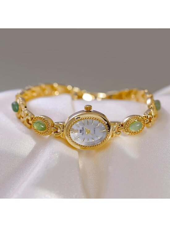 Women\'s Gold White Vintage Bracelet Elegant Jade Oval Dial Fashion Wrist Watch